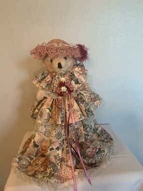 Floral Dress Teddy Bear with Lace Hat - Pink, Cream, Green Collectible